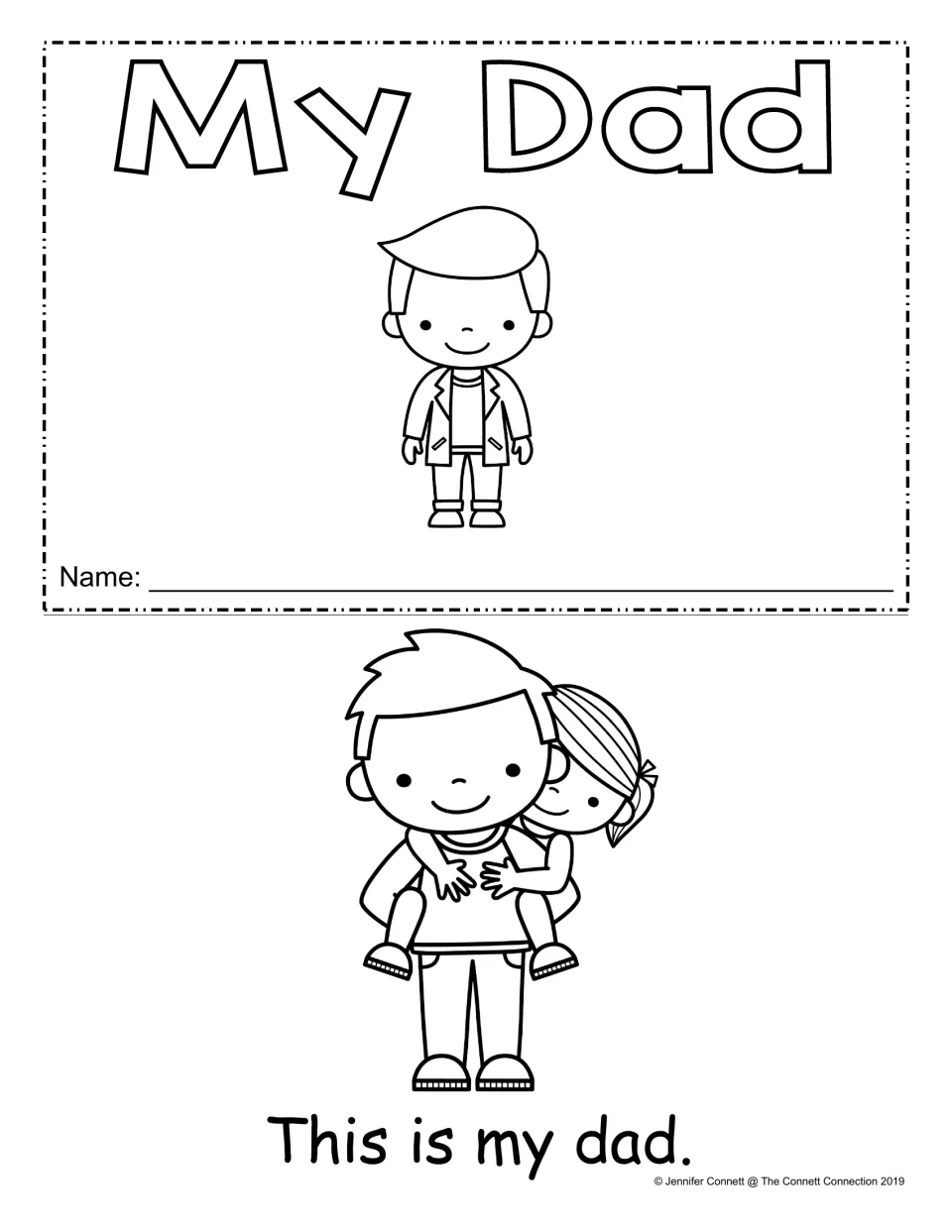 My Dad mini-book cover with name line and dad drawing, plus first page: a girl rides on dad's back, "This is my dad."