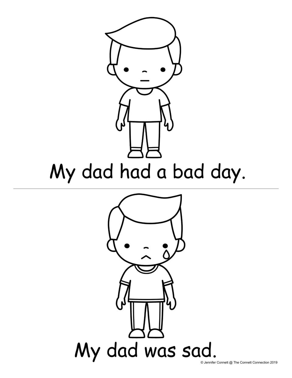 AD word family reading: "My dad had a bad day." and "My dad was sad." with coloring pictures of a frowning, then crying dad