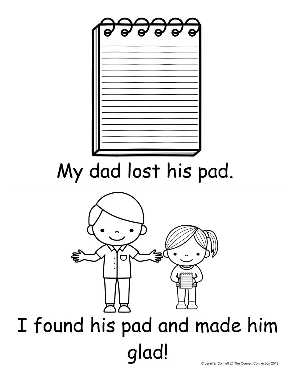 Story ending with -ad words: "My dad lost his pad." and "I found his pad and made him glad!" with a notepad and a happy dad