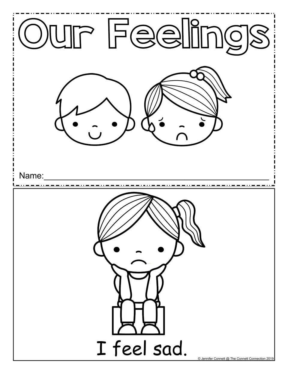 Our Feelings mini-book cover with a smiling boy, a crying girl and a name line, plus the first page: 'I feel sad.'
