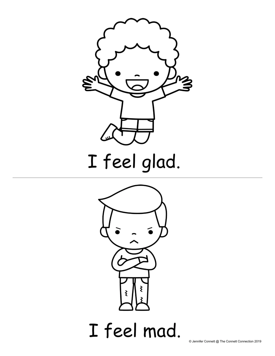 -ad word family pages: 'I feel glad.' with a jumping, cheering child and 'I feel mad.' with an angry boy