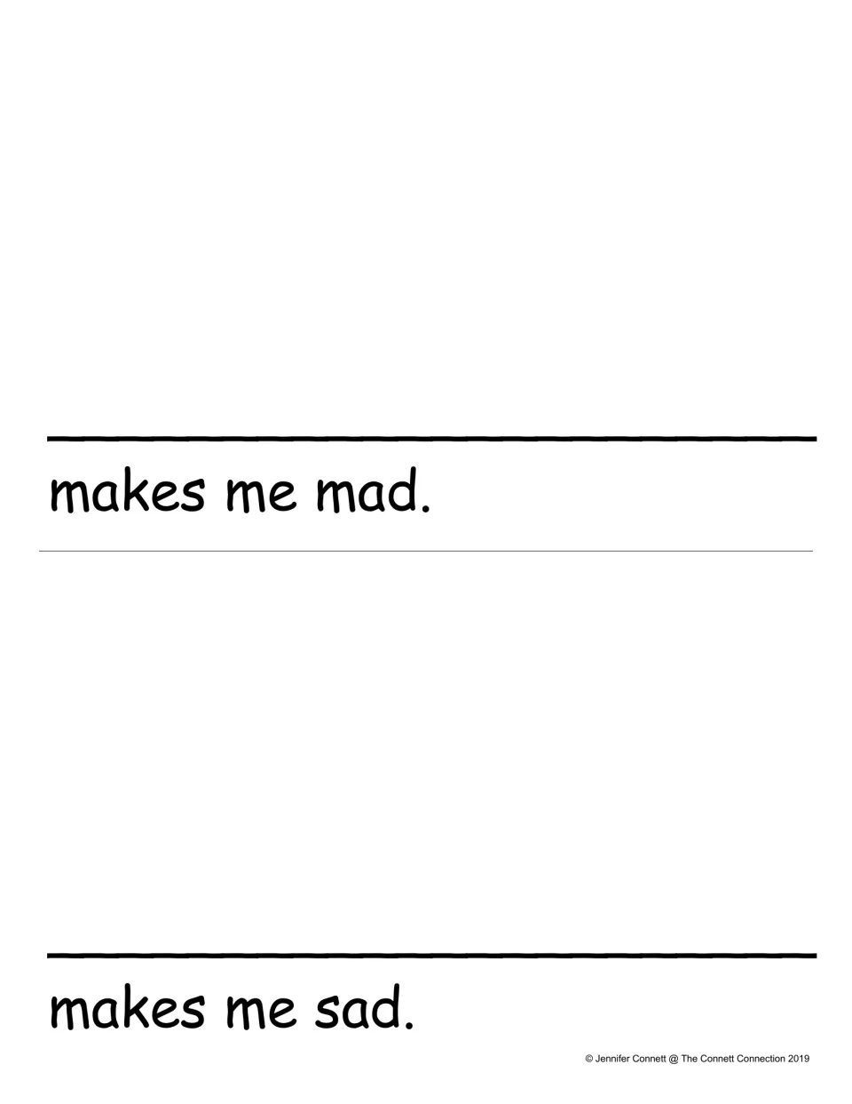 Sentence frames '___ makes me mad.' and '___ makes me sad.': students write what causes each feeling on the blank