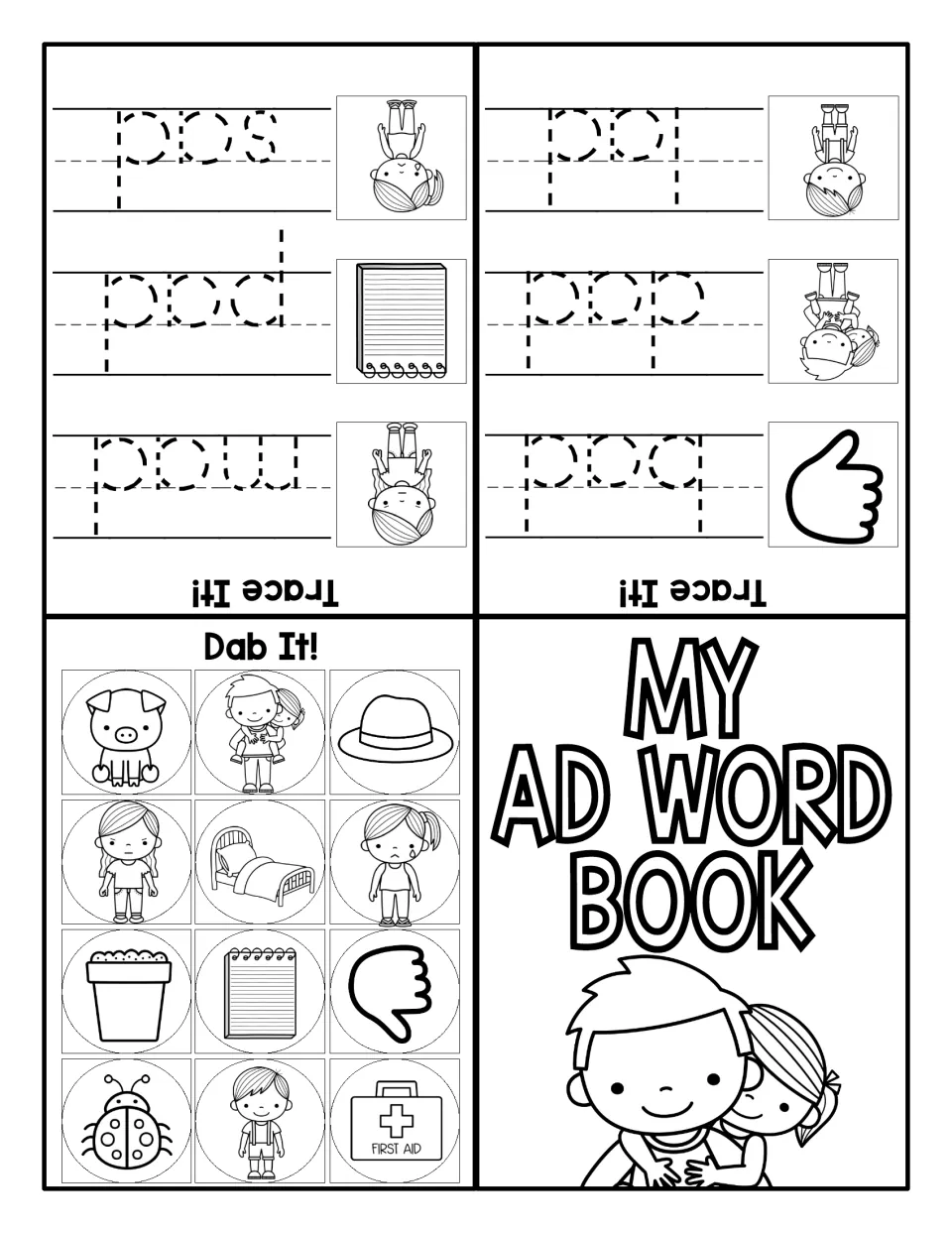 Foldable AD word family book with tracing for bad, dad, lad, mad, pad, and sad, plus a Dab It picture activity