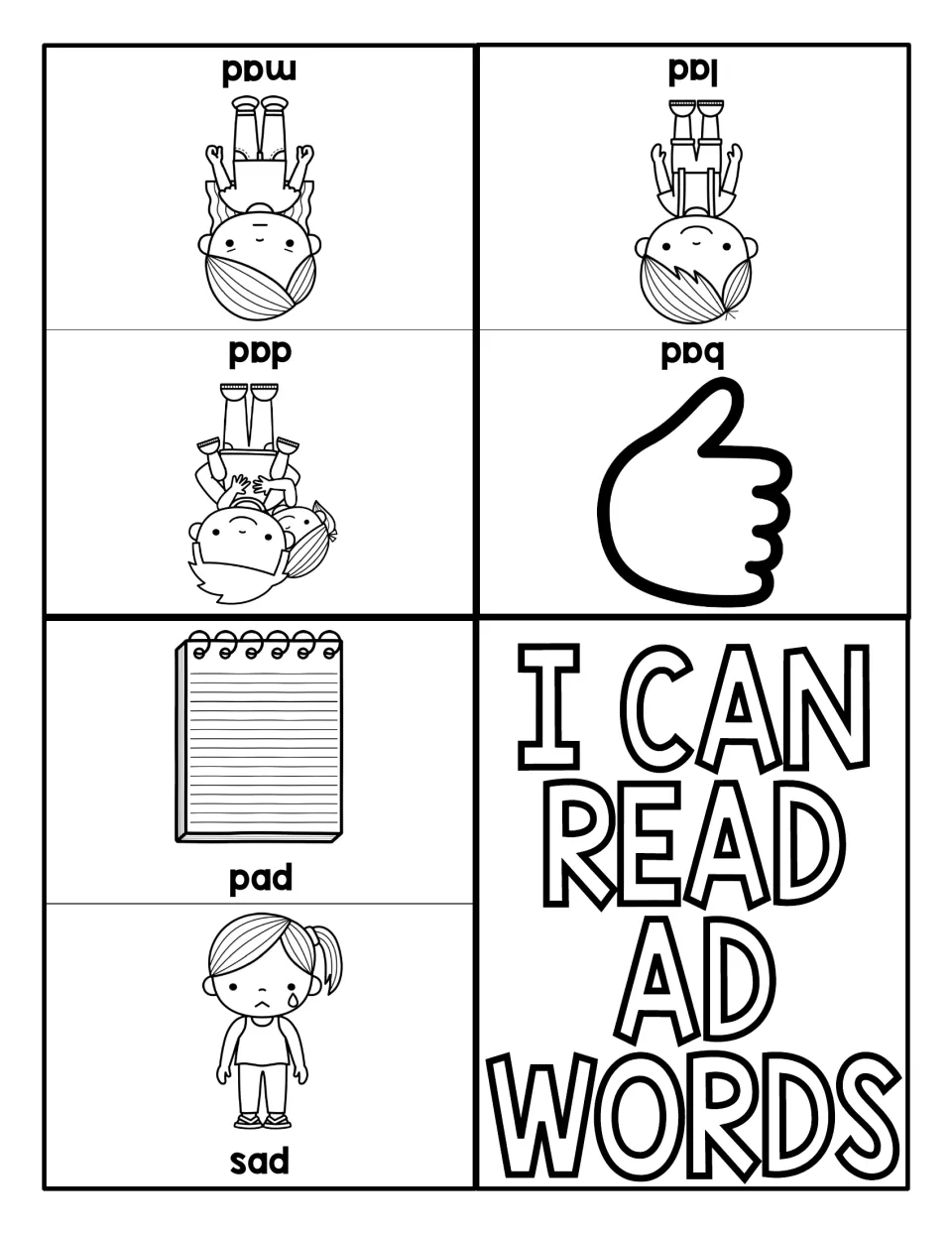 Foldable I Can Read AD Words mini book featuring labeled pictures for mad, dad, lad, bad, pad, and sad