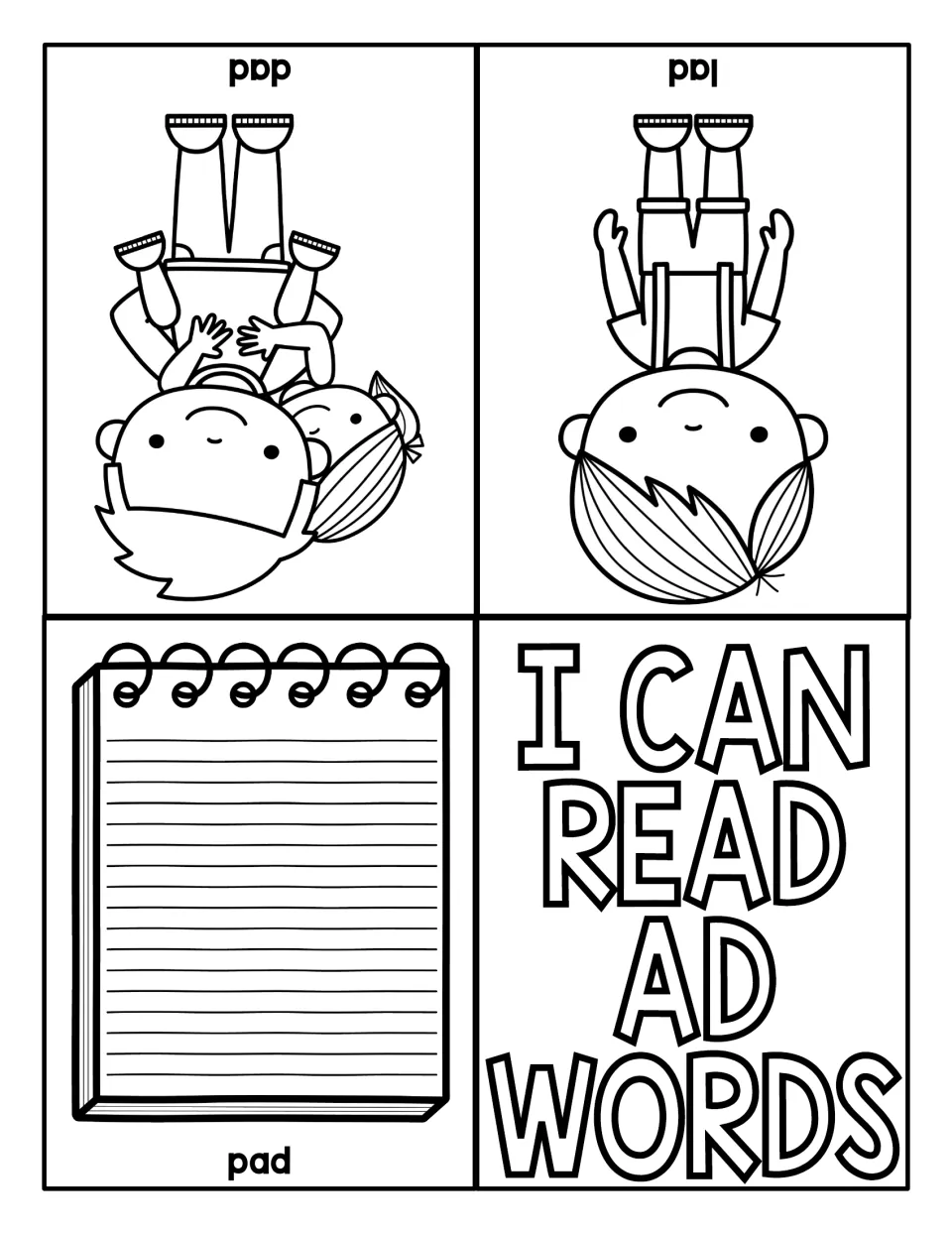 Foldable I Can Read AD Words mini book featuring three labeled pictures: a dad, a lad, and a writing pad
