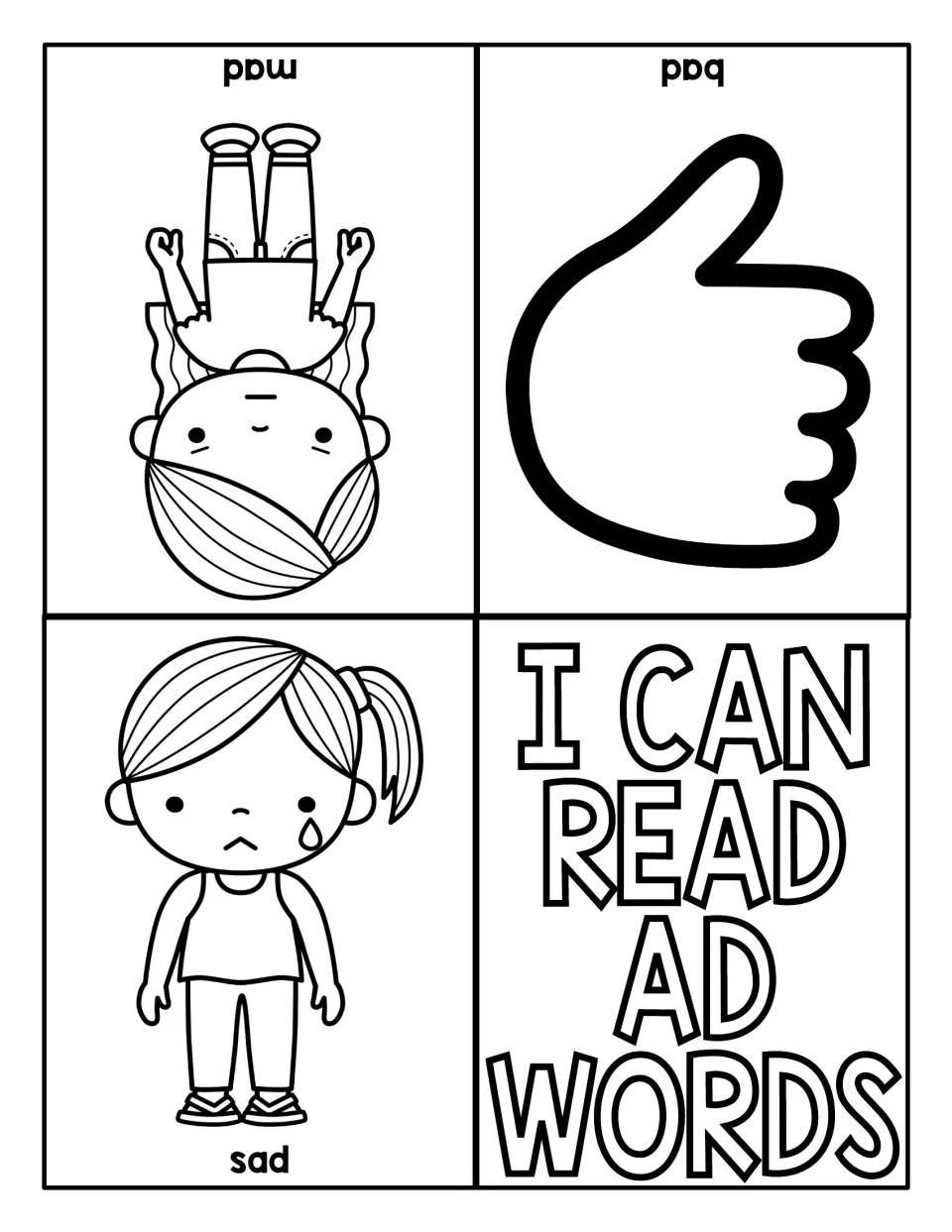 Foldable I Can Read AD Words mini book featuring pictures labeled mad, bad, and sad for word reading