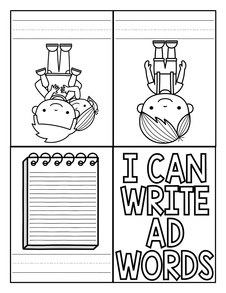 Foldable I Can Write AD Words mini book with pictures of a dad, a lad, and a pad to prompt word writing
