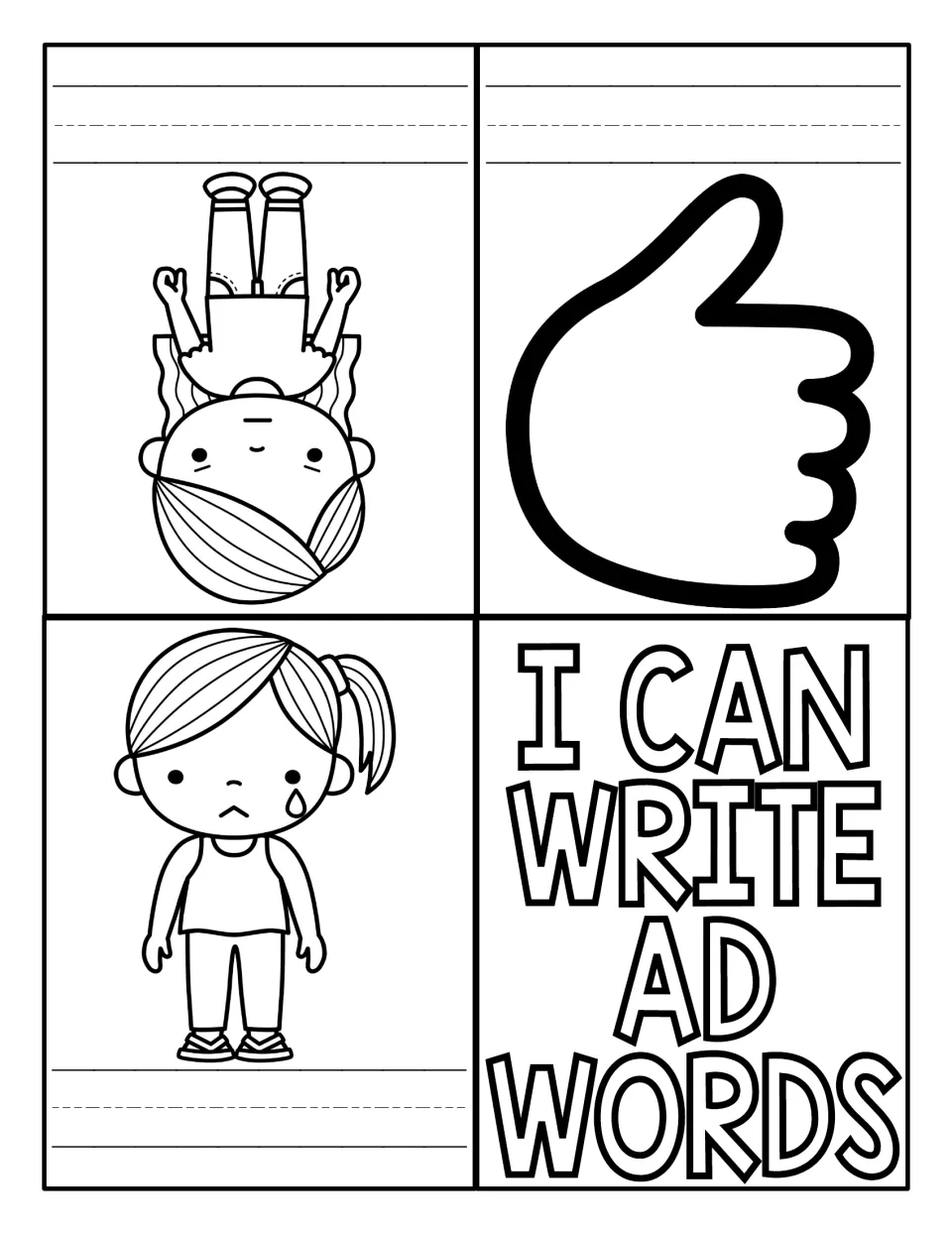 Foldable I Can Write AD Words mini book with mad and sad girls and a thumbs-down picture for writing bad