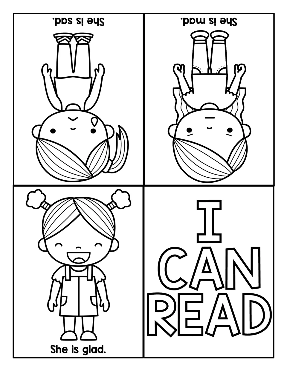 Foldable I Can Read sentence mini book with illustrated text: She is sad, She is mad, and She is glad