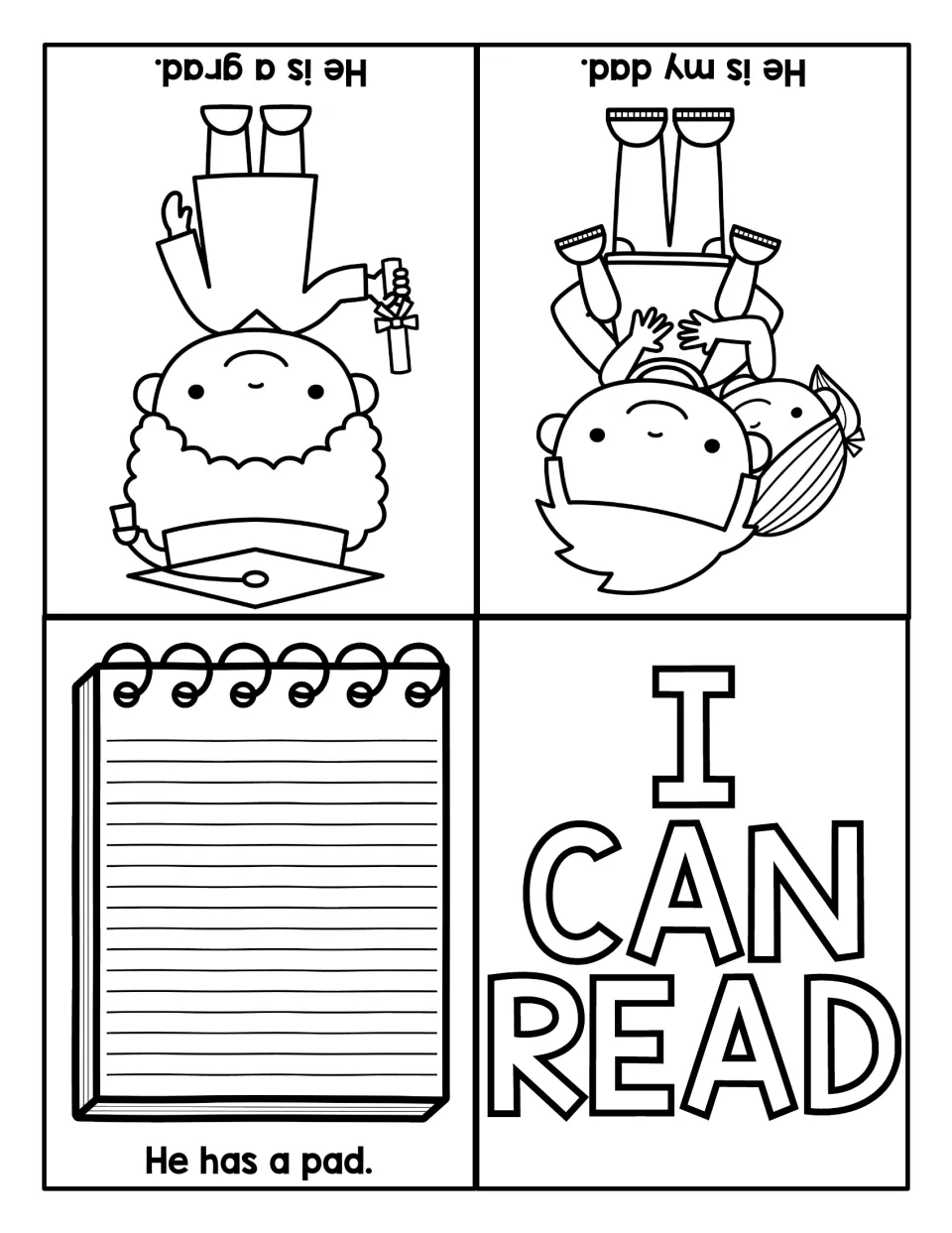 Foldable I Can Read mini book with pictured sentences: He is a grad, He is my dad, and He has a pad