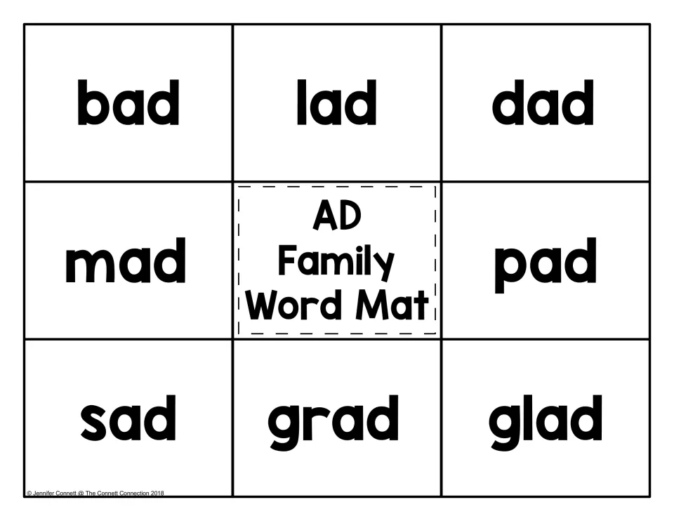 AD family word mat: students read bad, lad, dad, mad, pad, sad, grad and glad, then match a picture card to each word