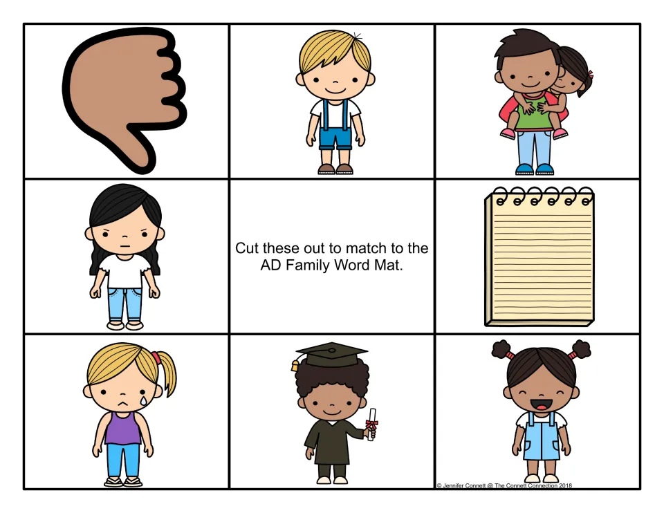 Color -ad picture cards to cut out and match to the mat: thumbs down, boy, dad, angry girl, notepad, sad girl, graduate