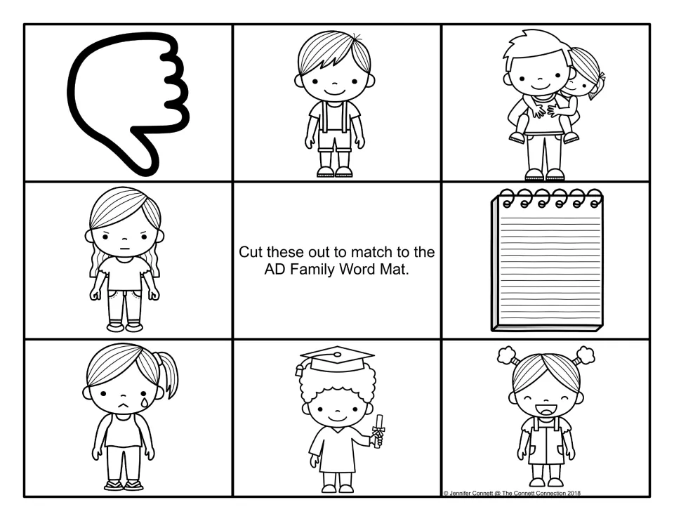 Line-art -ad picture cards to cut out and match to word mat: thumbs down, boy, dad, mad girl, pad, graduate, glad girl