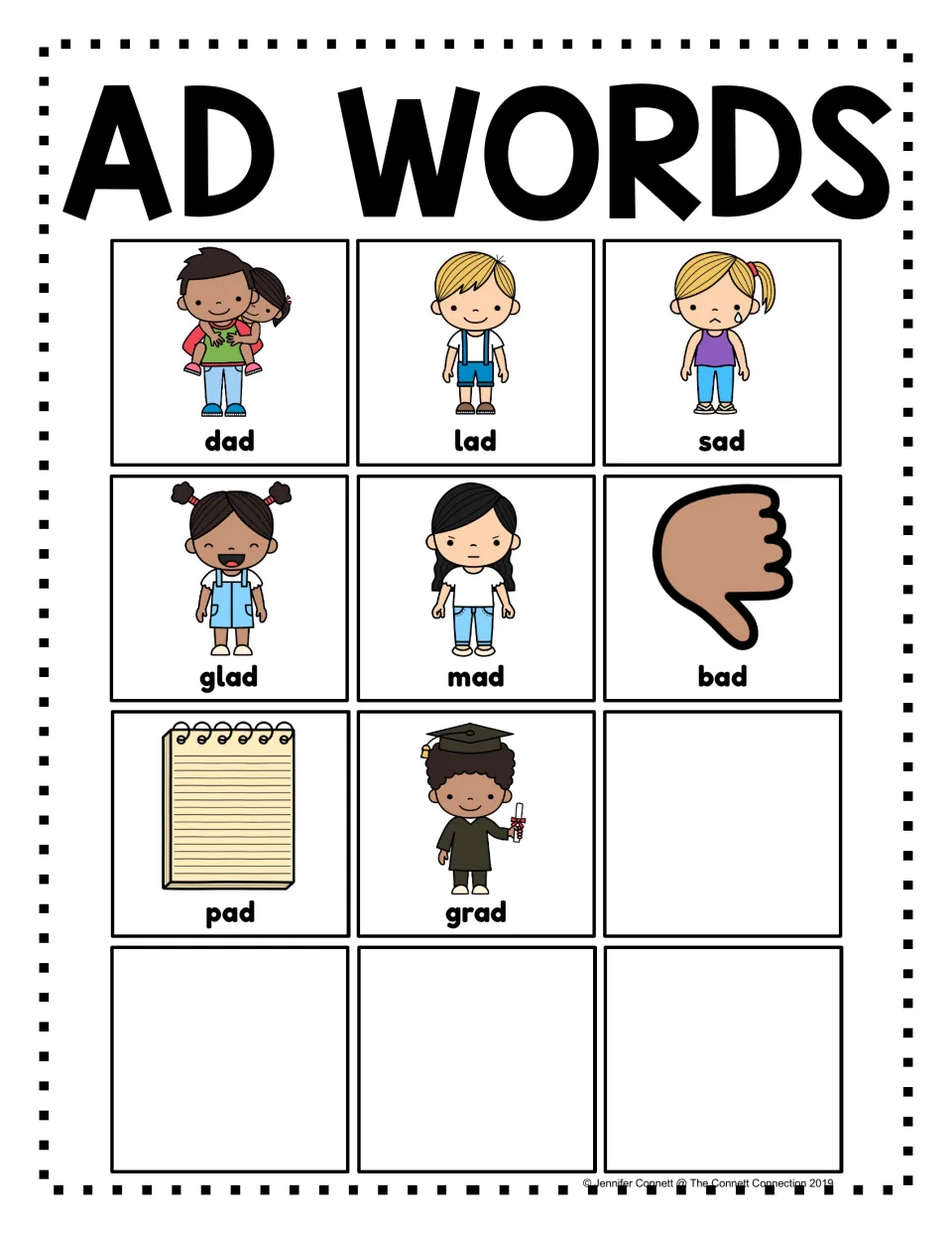 Color AD word family poster featuring labeled pictures for dad, lad, sad, glad, mad, bad, pad, and grad.