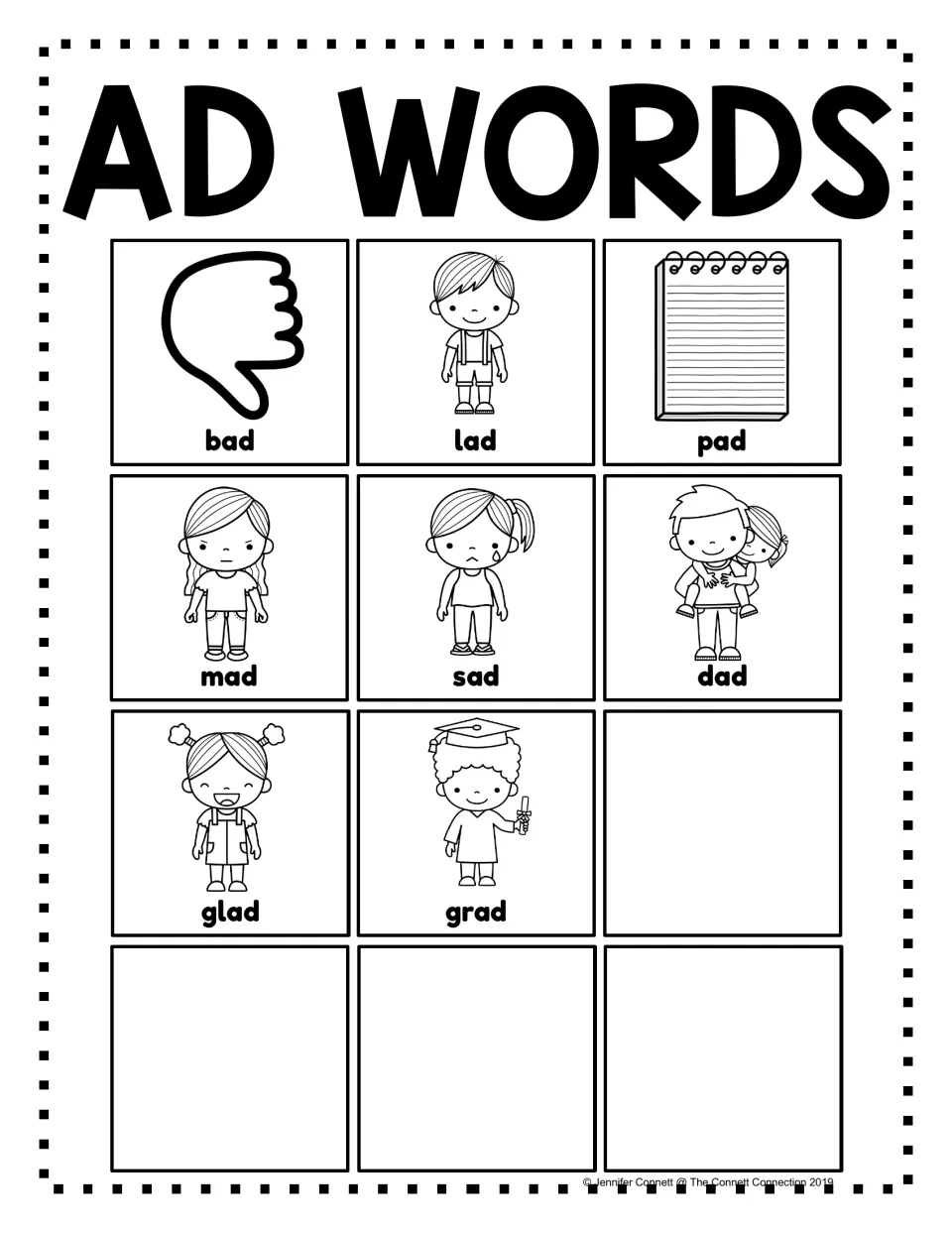 Black-and-white AD word family poster with labeled pictures for bad, lad, pad, mad, sad, dad, glad, and grad.