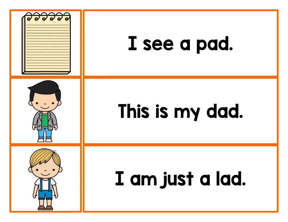 -ad sentence cards: students match a notepad, a man and a boy to I see a pad, This is my dad and I am just a lad