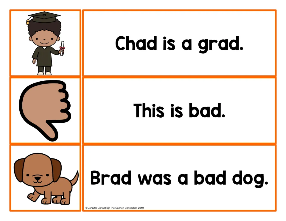 -ad sentence cards: students match a graduate, thumbs-down and puppy to Chad is a grad, This is bad and Brad was a bad dog