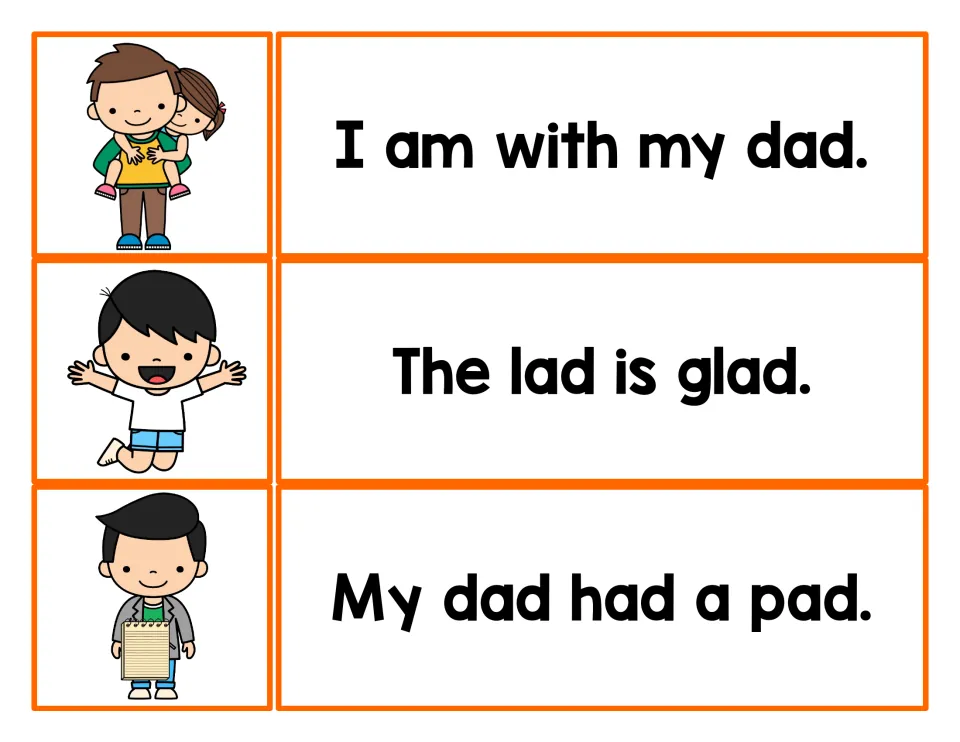 -ad sentence cards: students match pictures to I am with my dad, The lad is glad and My dad had a pad