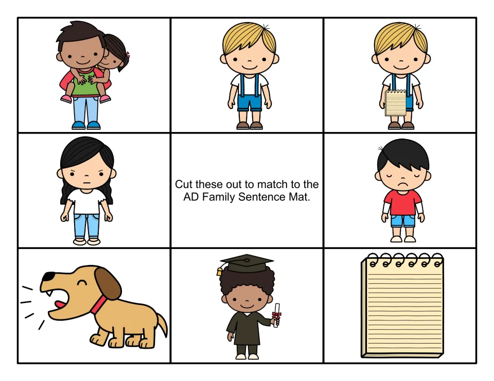 Color picture cards for -ad sentences: a dad, a sad boy, a mad girl, a barking dog, a grad and a pad to cut and match