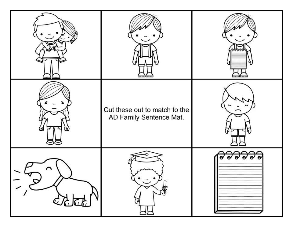 Black-and-white -ad picture cards: dad, glad lad, mad girl, sad lad, bad dog, grad and pad for students to cut and match