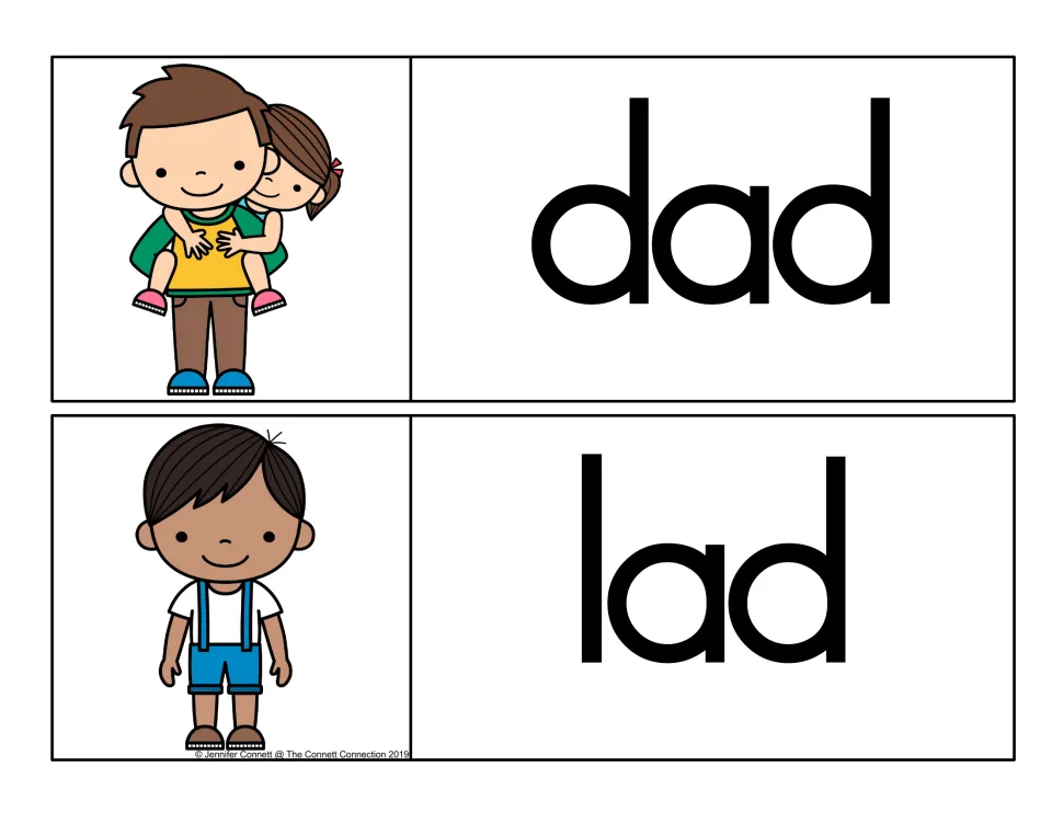 -ad word family cards: dad, shown with a father giving a piggyback ride, and lad, shown with a boy, in black print