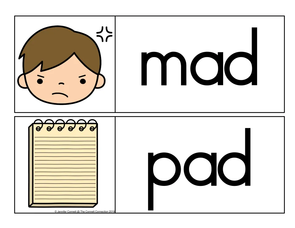 -ad word family cards: mad, shown with an angry face, and pad, shown with a spiral notepad, printed in all-black letters