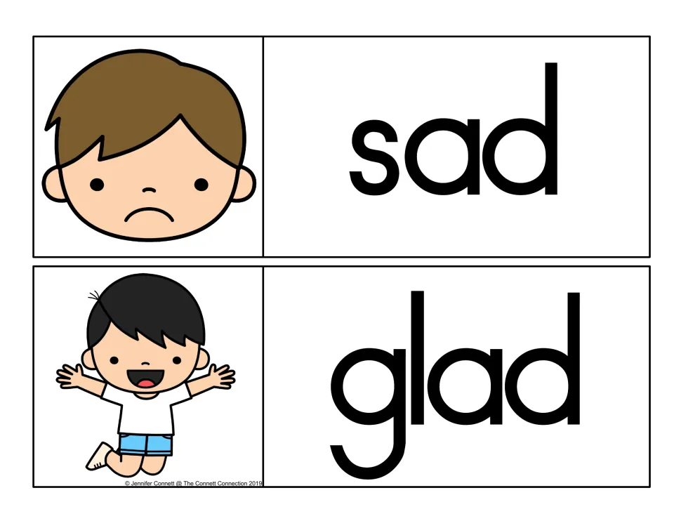 -ad word family cards: sad, shown with a frowning face, and glad, shown with a boy jumping for joy, in black letters