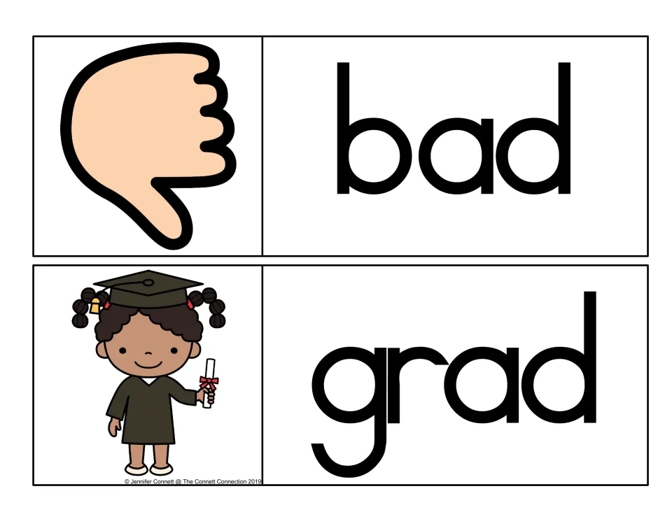 -ad word family cards: bad, shown with a thumbs-down, and grad, shown with a girl in cap and gown, in black print