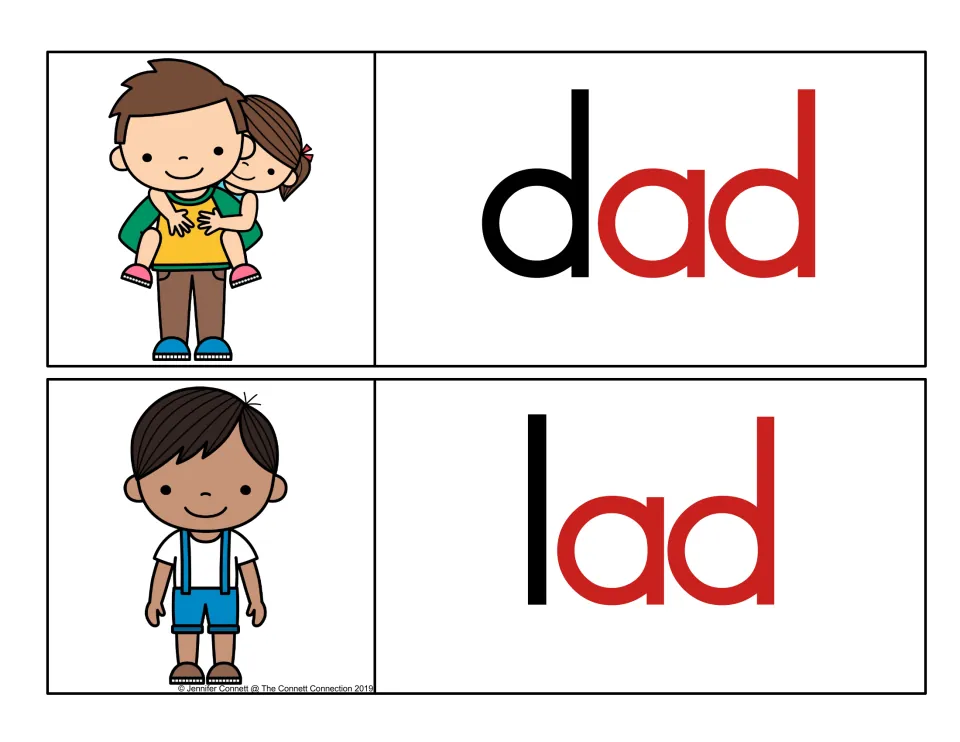 Color-coded -ad cards: dad and lad with the onset in black and the -ad rime in red, beside a father and a boy