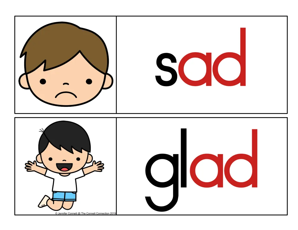 Color-coded -ad cards: sad and glad with the s and gl onsets in black and -ad ending in red, beside two boys