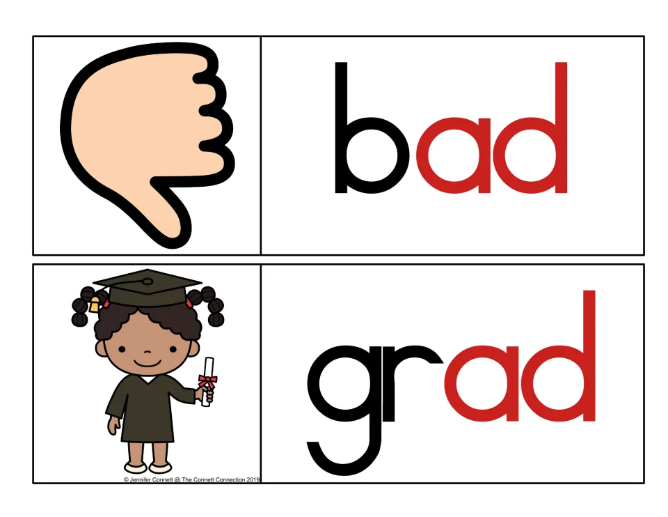 Color-coded -ad cards: bad and grad, with b and gr in black and the -ad ending in red, beside a thumbs-down and a graduate