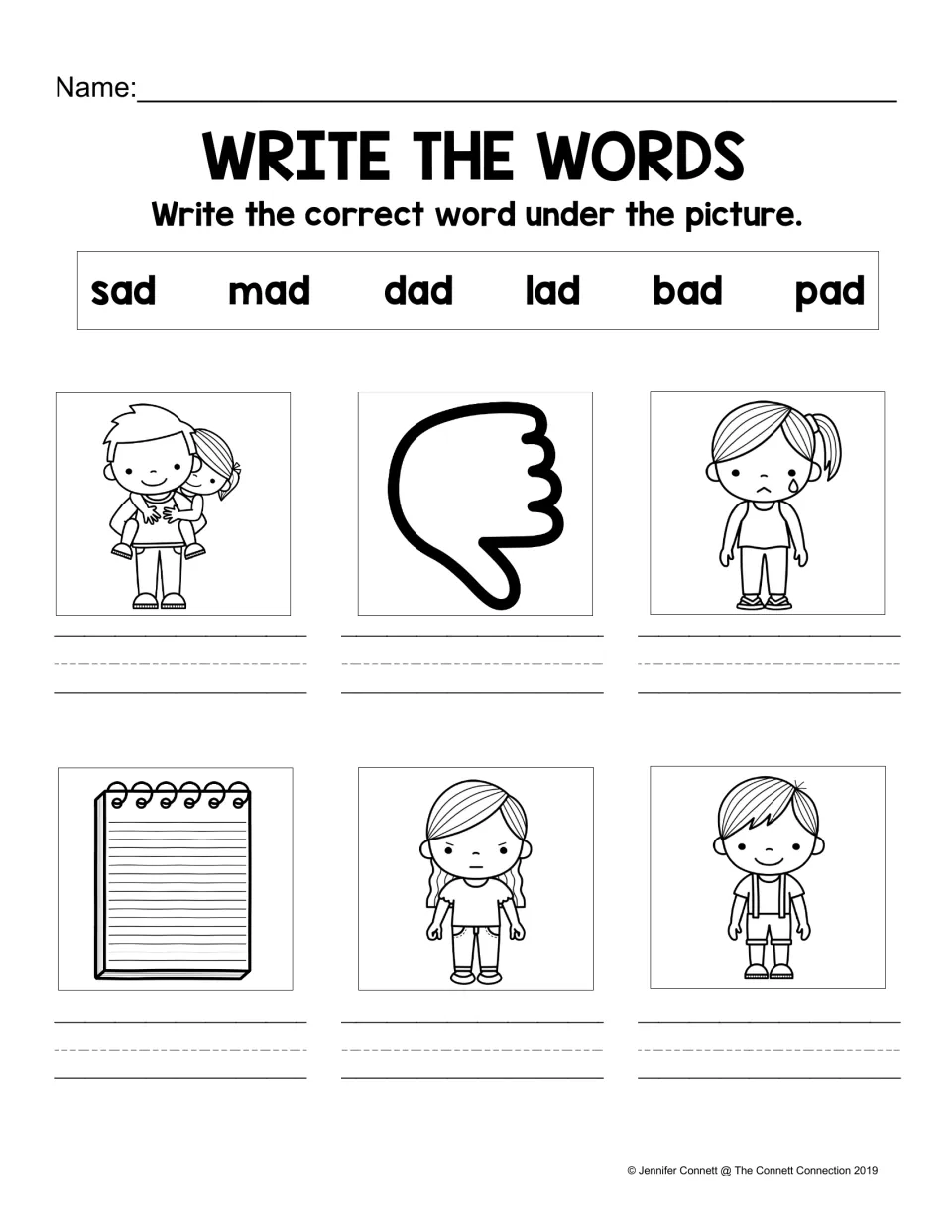 Write the Words: students pick sad, mad, dad, lad, bad or pad from a word bank and write it under each of six pictures