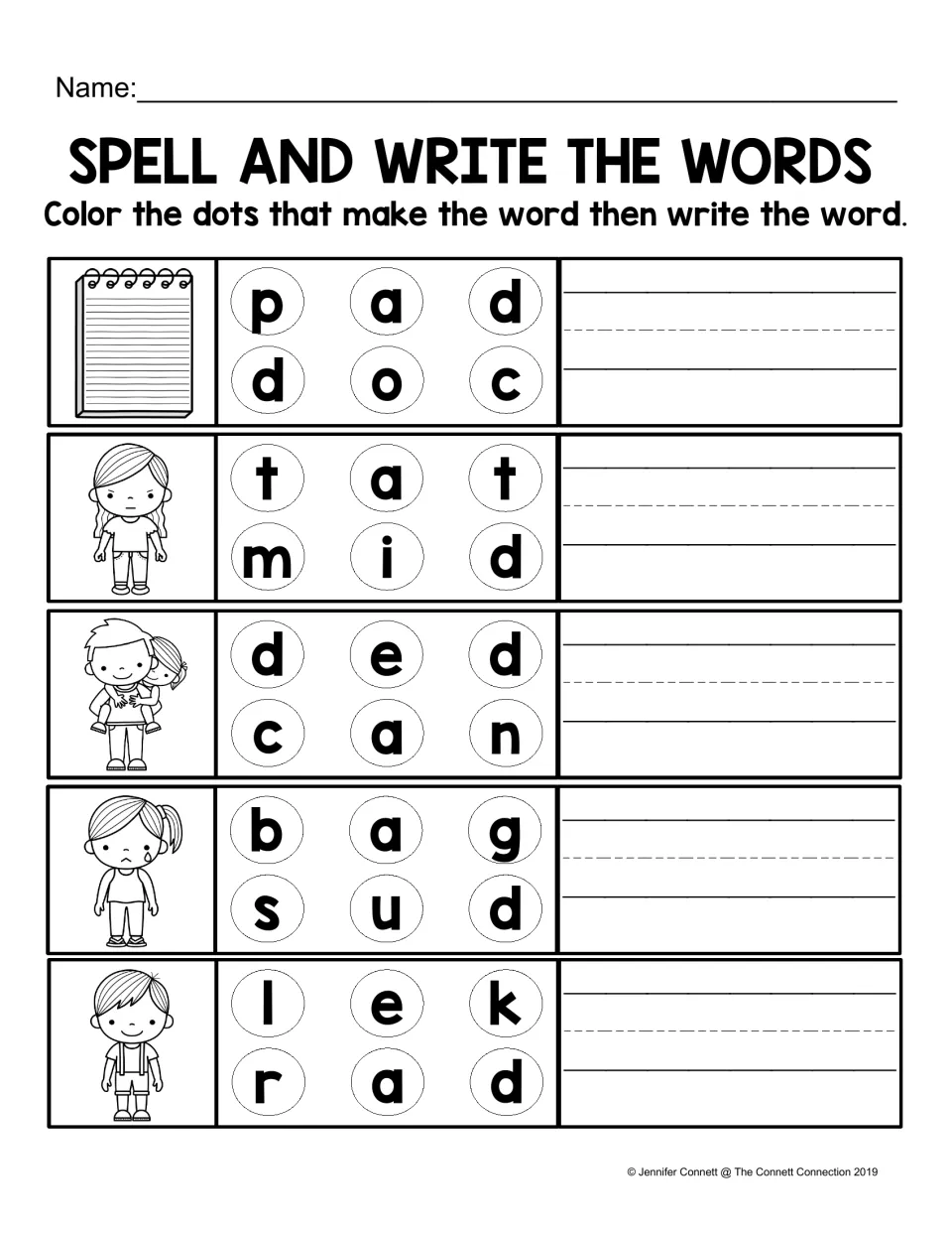 Spell and Write the Words: students color the letter dots that spell pad, mad, dad, sad and lad, then write each word