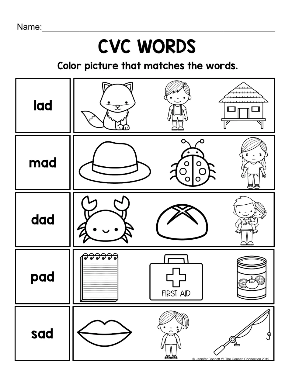 CVC Words: students read lad, mad, dad, pad and sad and color the one picture in each row of three that matches