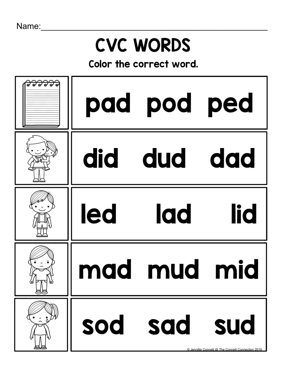 CVC Words vowel choice: students color the correct word for each picture, such as pad, pod or ped and mad, mud or mid