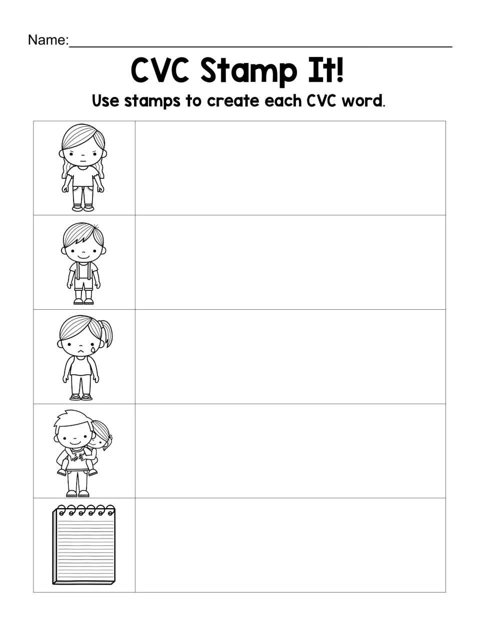 CVC Stamp It: students use letter stamps to build the -ad word shown by each of five pictures, from mad and lad to pad