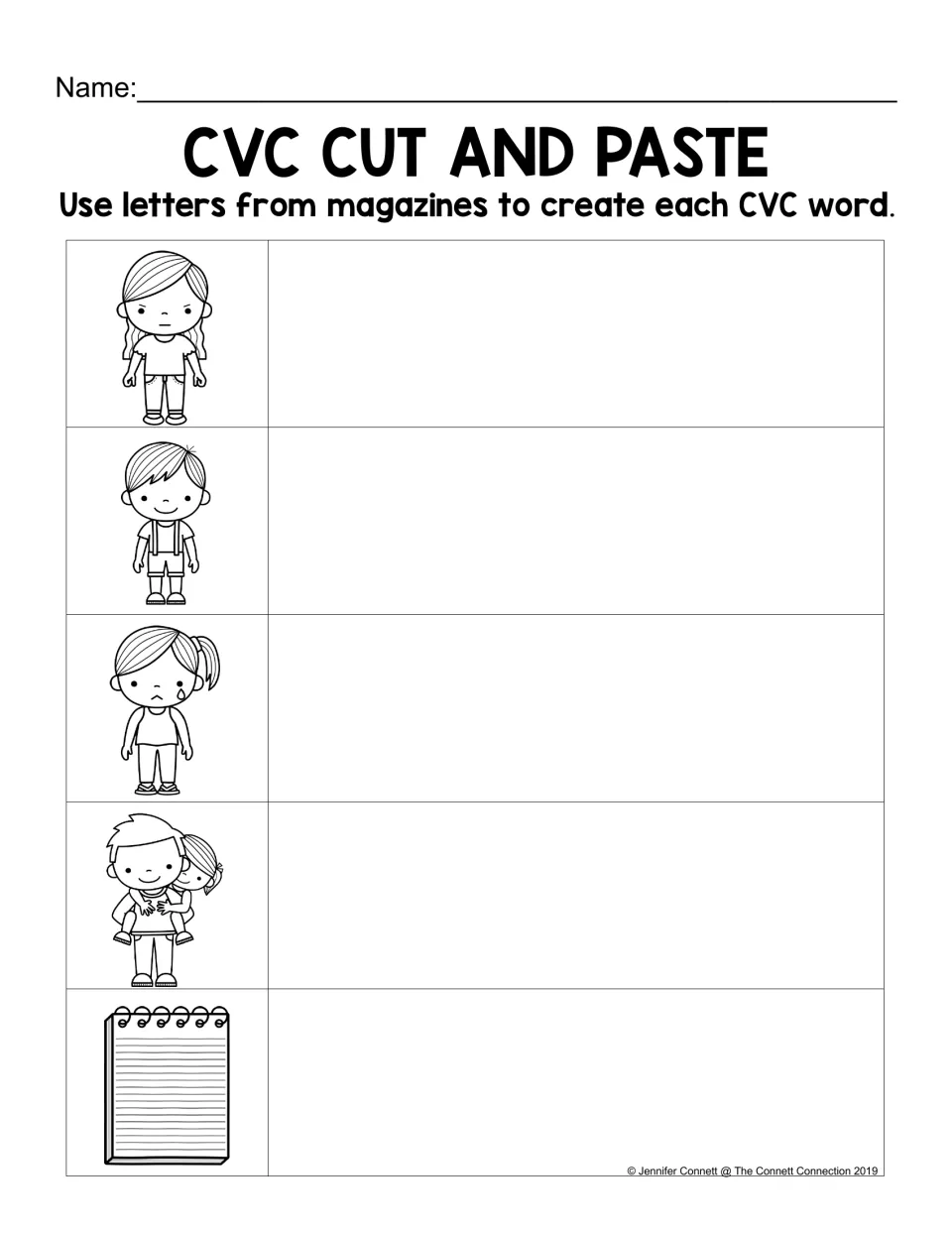 CVC Cut and Paste: students cut letters from magazines and glue them to spell the -ad word for each of five pictures