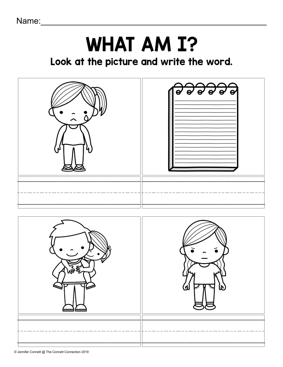 What Am I?: students look at a sad girl, a notepad, a dad and an angry girl and write the matching word under each one