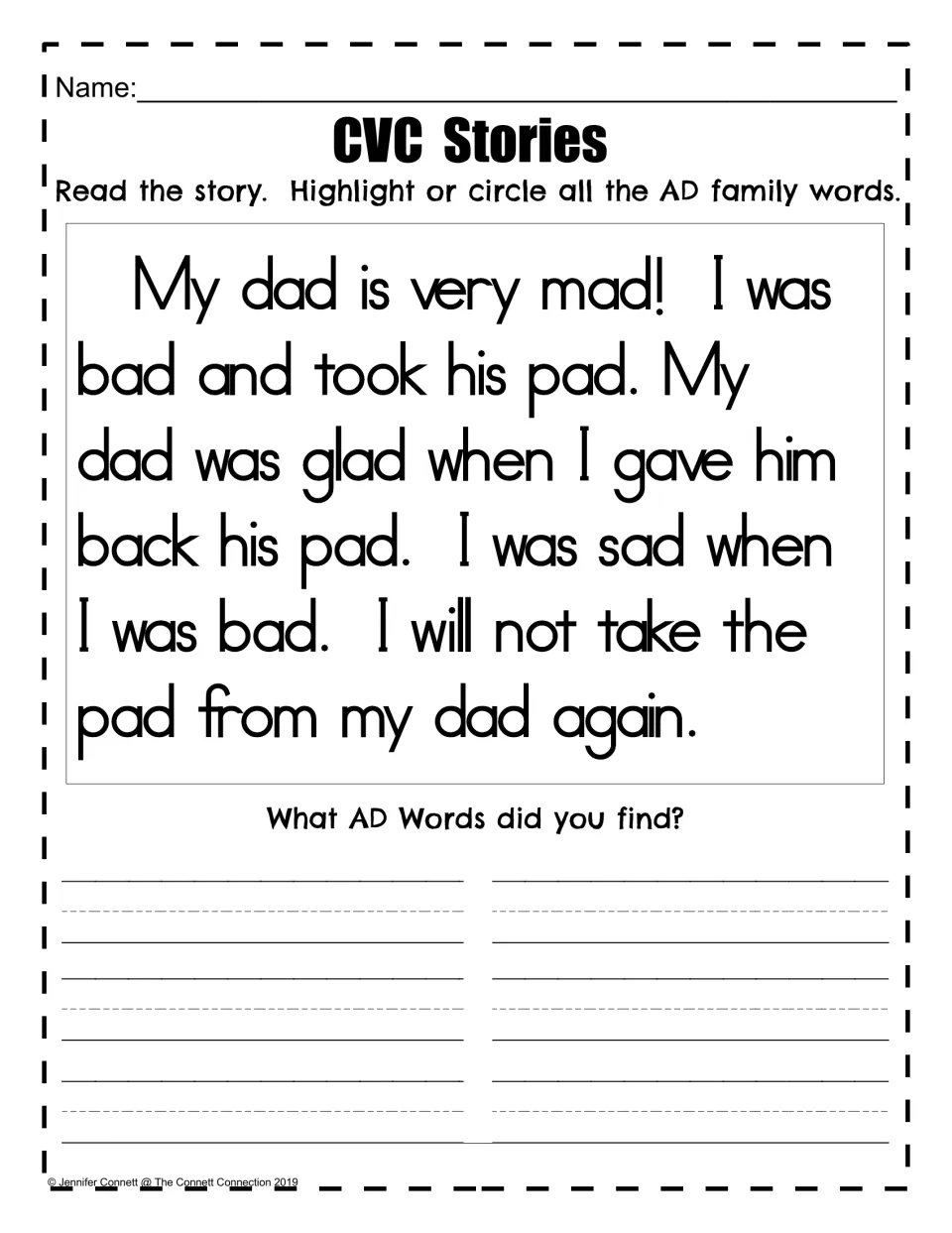 CVC Stories: students read a short story about taking dad's pad, circle every AD family word and list the words found