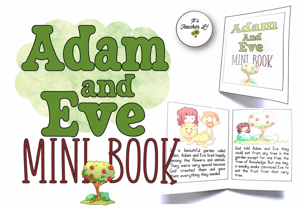 Mini-book set cover showing the title, a folded book, and sample story pages about Eden and the forbidden fruit