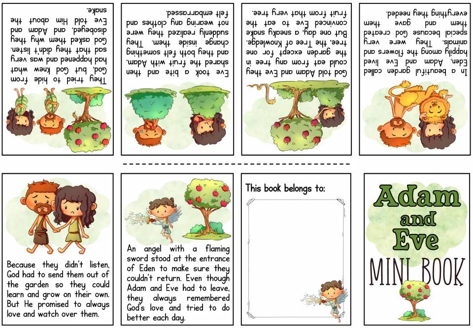 Full-color mini-book sheet tells six story scenes from life in Eden to an angel guarding the garden entrance