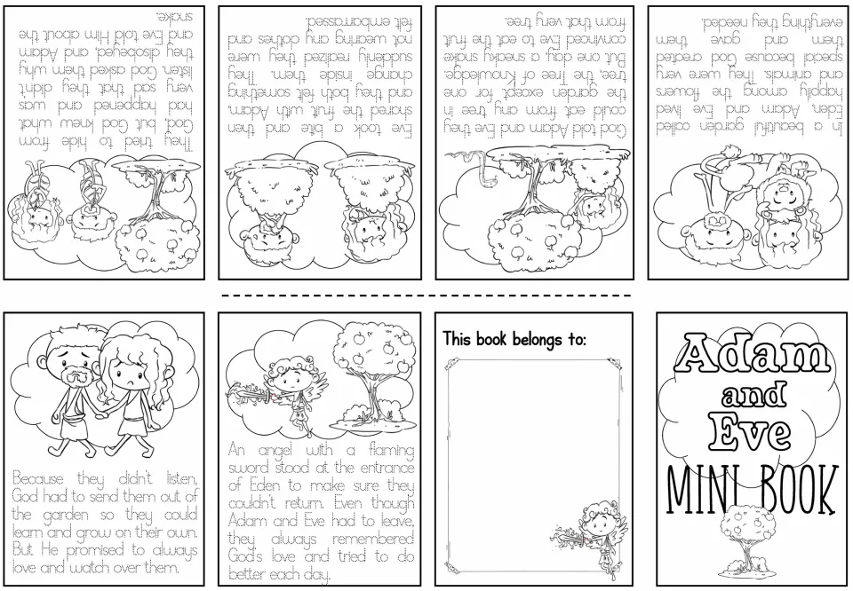 Black-and-white mini-book sheet pairs six Bible story scenes with traceable text, a cover, and an ownership page