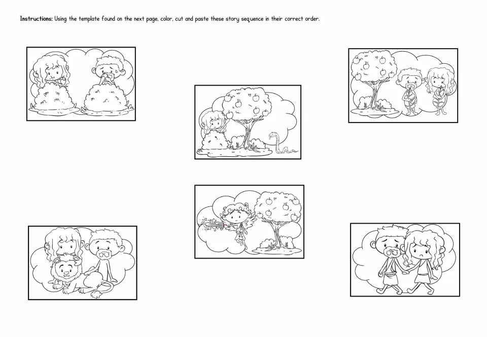 Six mini-book sequencing pictures to color, cut, and paste show Eden, the snake, hiding, leaving, and an angel