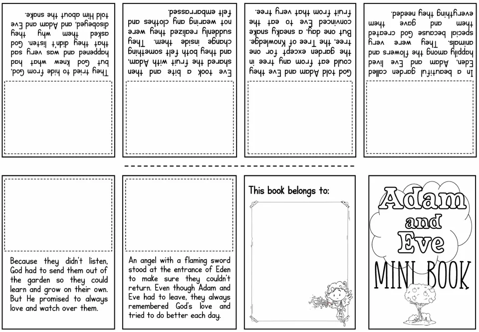 Picture-fill mini-book sheet includes six story passages from Eden to exile, with spaces for sequencing pictures