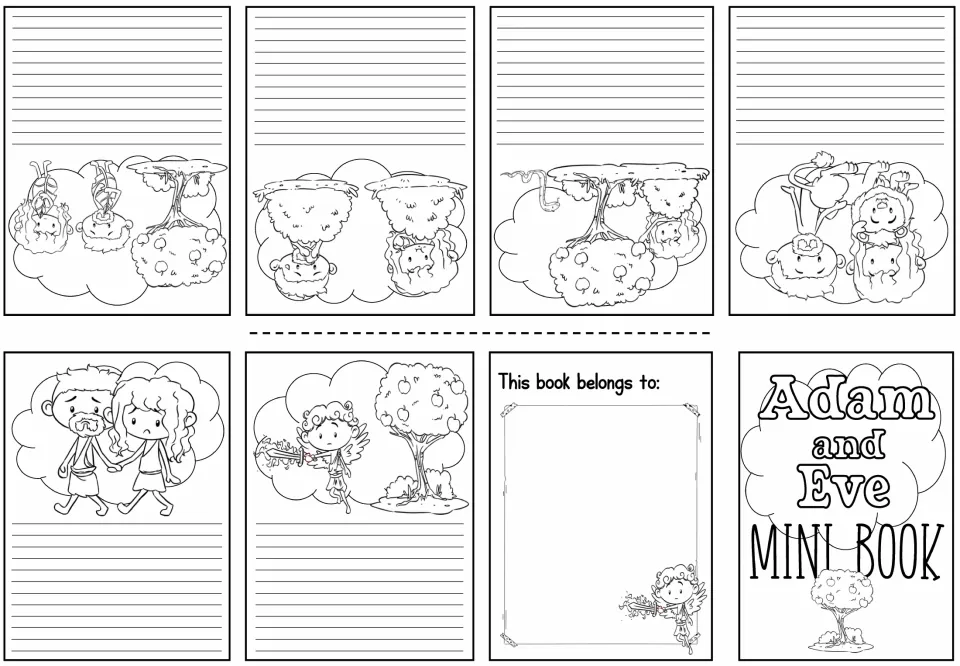 Story-retelling mini-book sheet provides six black-and-white scenes from Eden to exile for students to write about