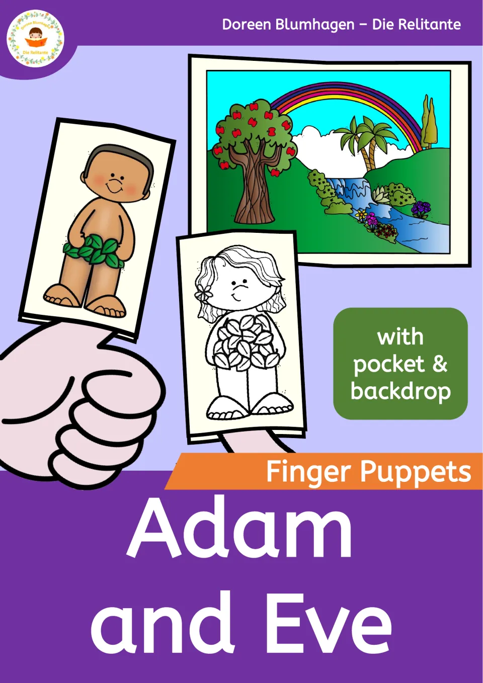 Cover: Adam and Eve finger puppets with pocket and backdrop, showing a colored Adam, an outline Eve and a garden scene