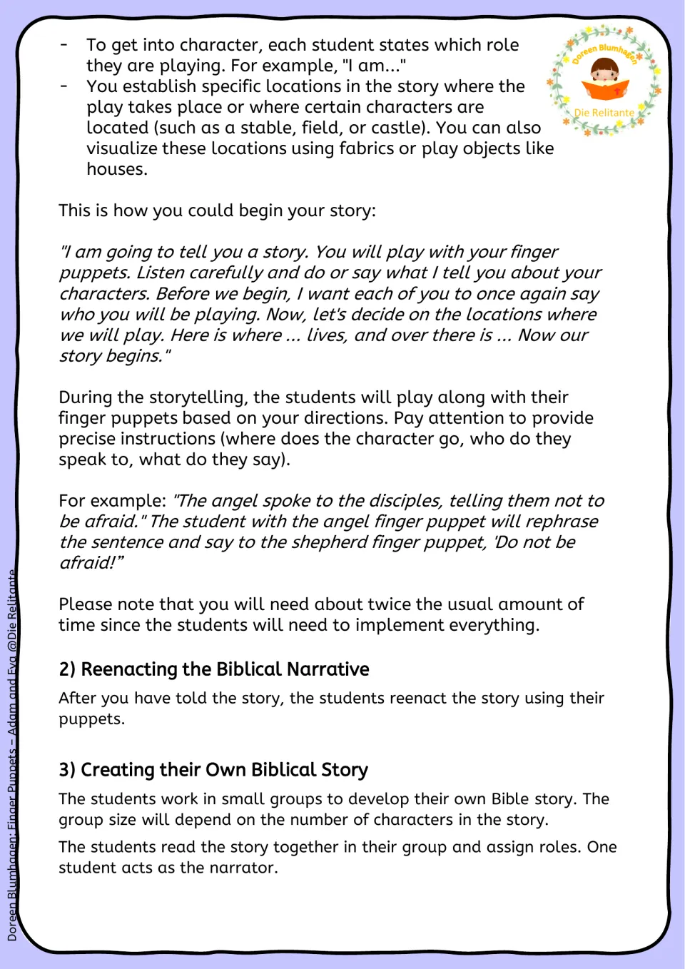 Teacher notes: sample script for guided puppet storytelling, plus reenacting and students creating their own Bible story
