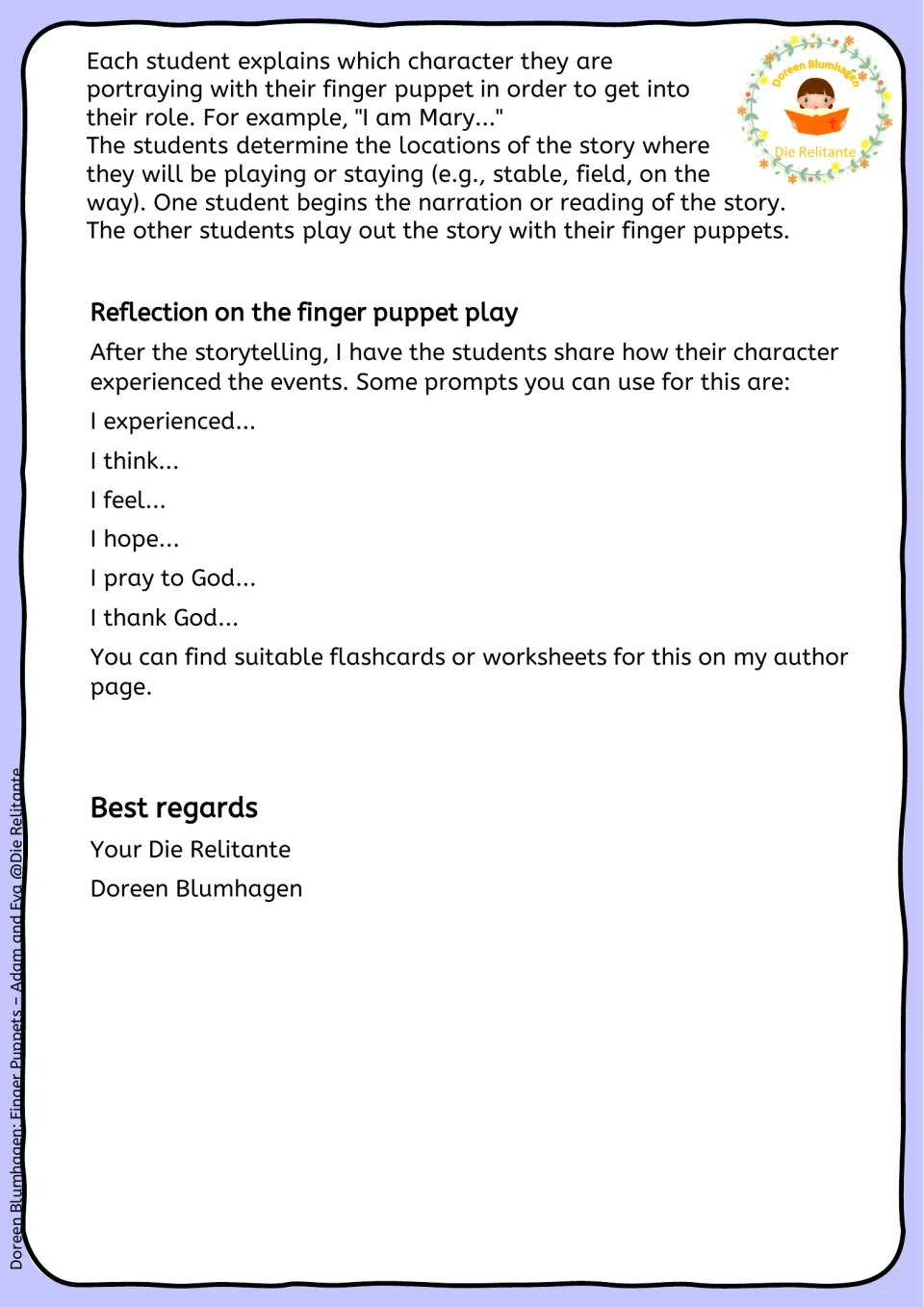 Teacher notes: group roles and reflection prompts such as I think, I feel, I pray to God and I thank God after puppet play