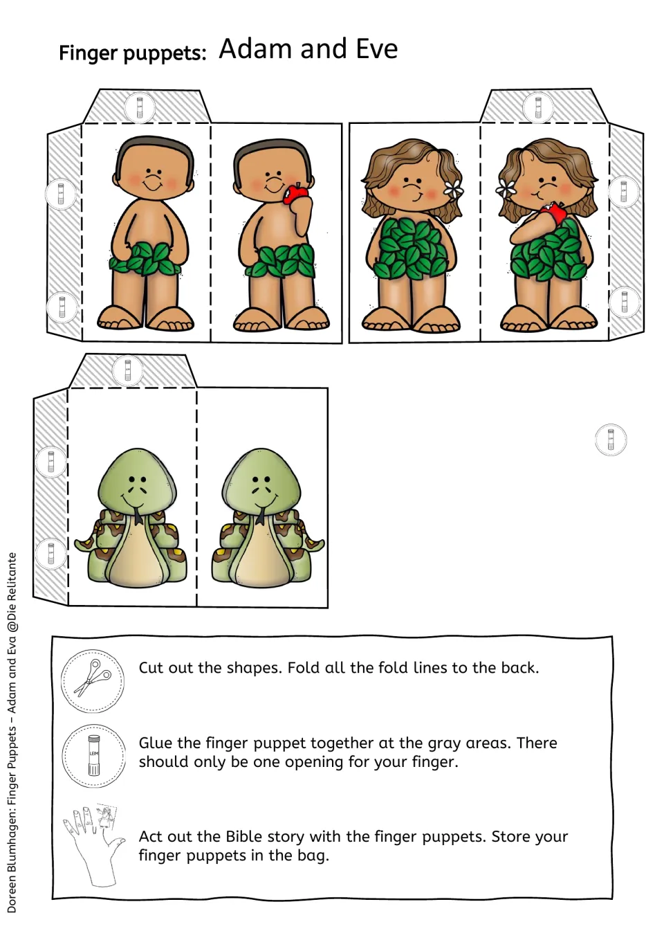 Color templates for Adam, Eve and serpent puppets: students cut, fold and glue each one; Adam and Eve hold fruit on one side