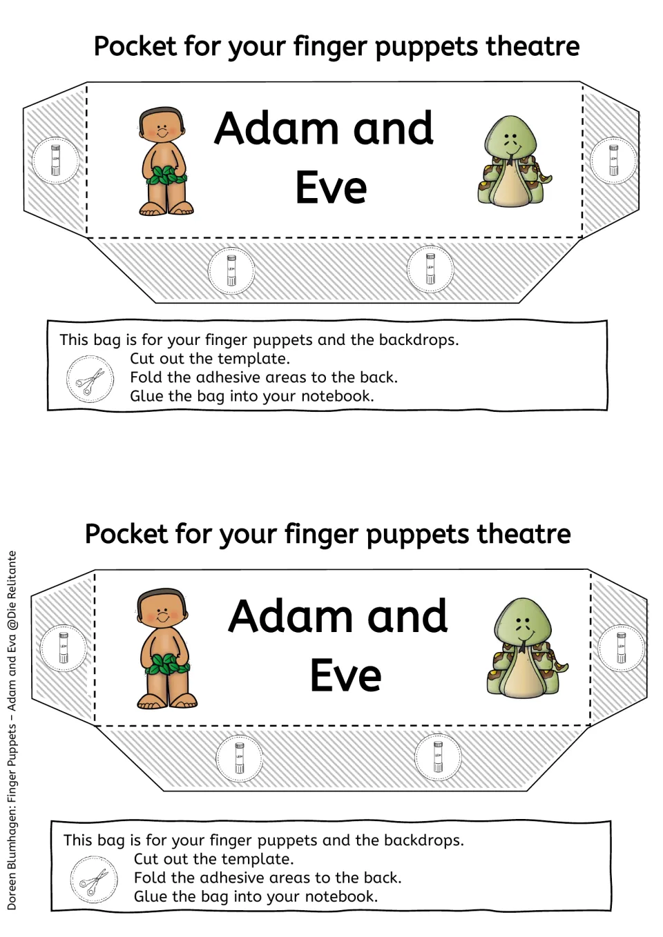 Two color pocket templates labeled Adam and Eve with Adam and the serpent; students cut, fold and glue the bag in a notebook